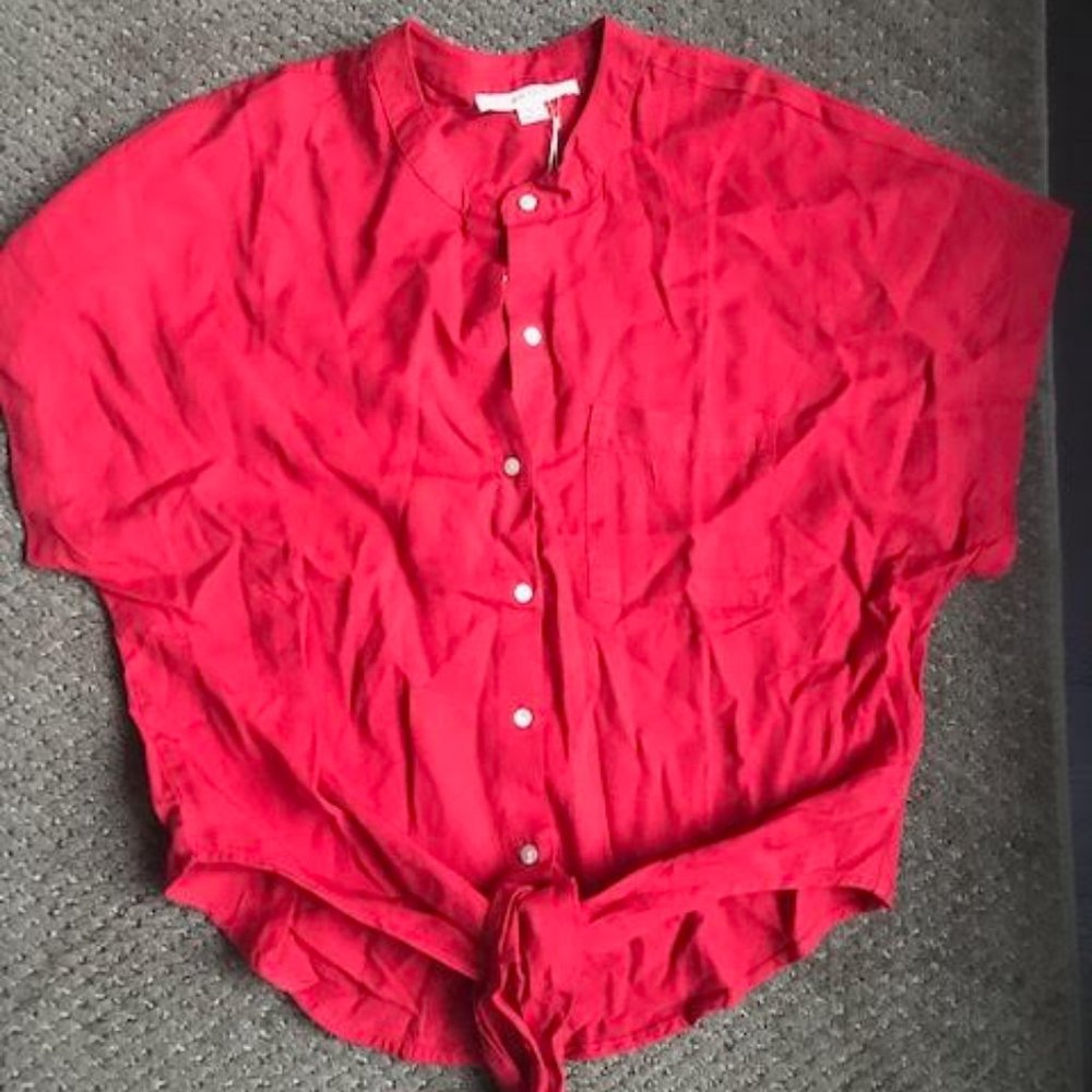 Red Short Sleeved Tie Front cotton Blouse